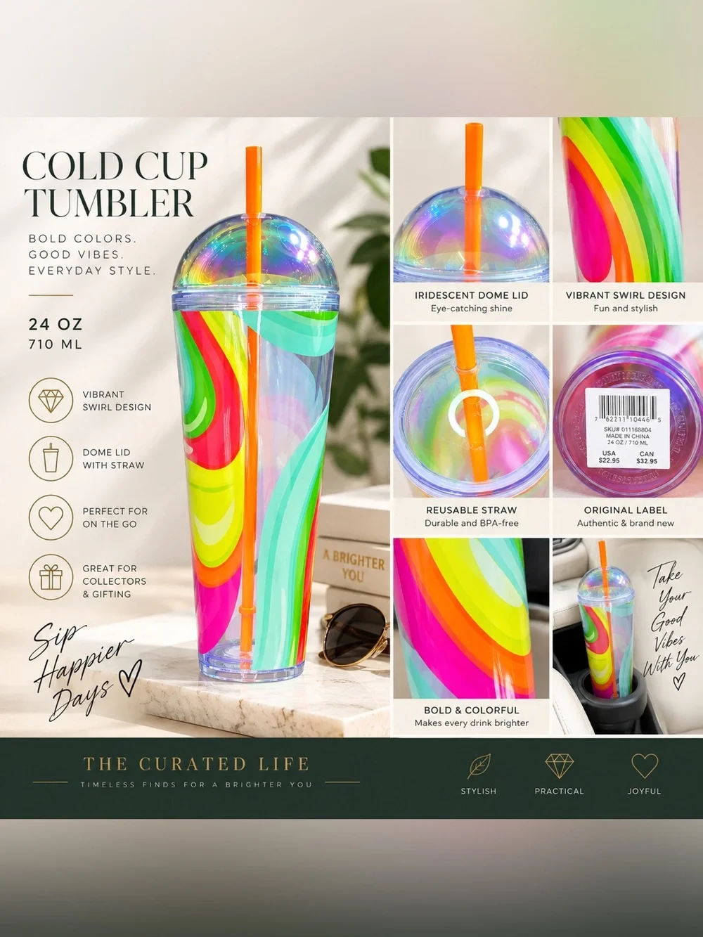 Starbucks 24oz Rainbow Swirl Cold Cup Iridescent Dome Lid Orange Straw NEW